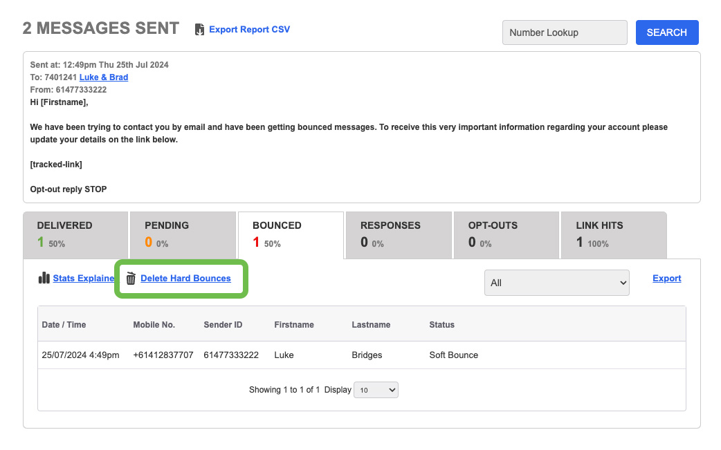 Send SMS - Reporting Hard Bounces Delete