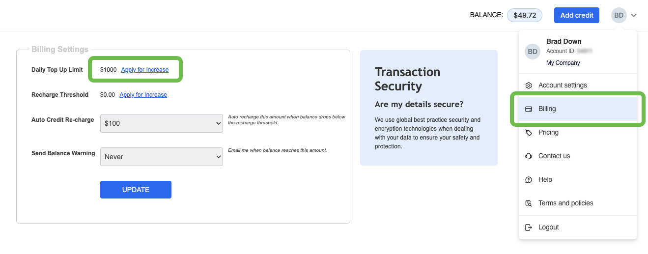 Account Billing Credit Limit Increase