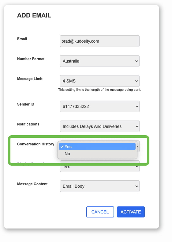 Email SMS Settings Conversation History