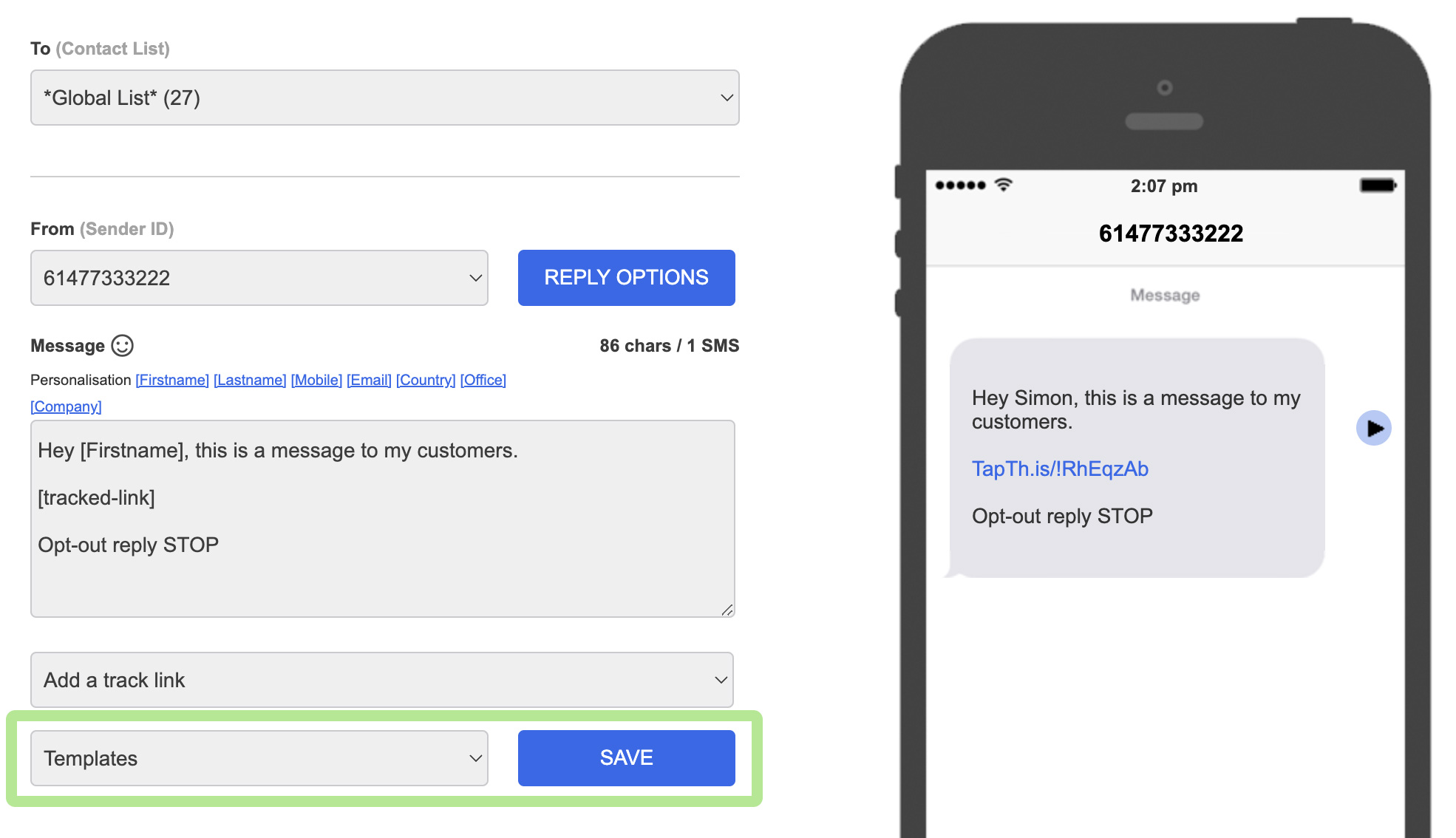 Send SMS - Templates